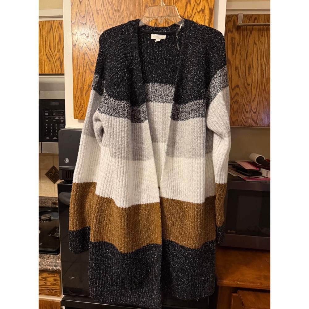 Olivia Sky Womens Colorblock Metallic Ribbed Knit Open Front Long Cardigan Large